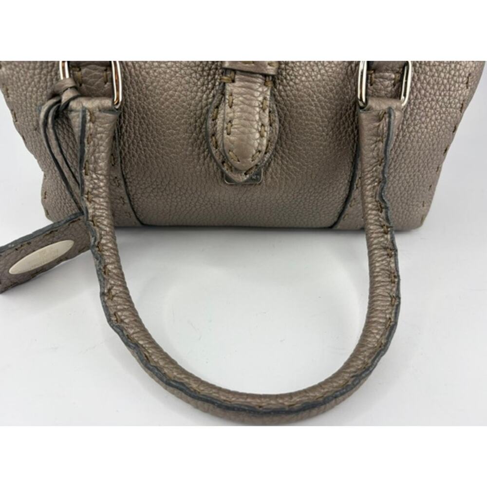 Fendi Selleria Mini Linda Metallic Pewter Pebbled Leather Satchel Sterling Tag - Picture 13 of 14